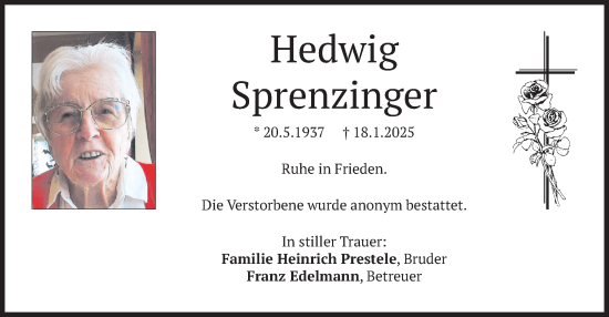 Traueranzeige von Hedwig Sprenzinger von merkurtz