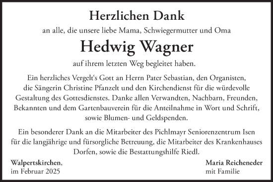 Traueranzeige von Hedwig Wagner von merkurtz