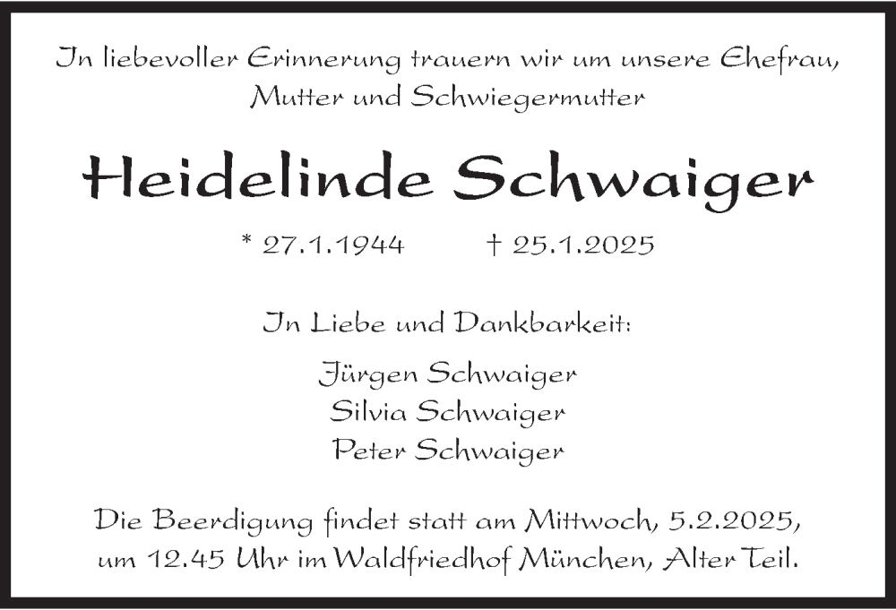  Traueranzeige für Heidelinde Schwaiger vom 01.02.2025 aus merkurtz