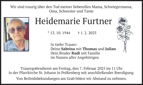 Traueranzeige von Heidemarie Furtner von merkurtz