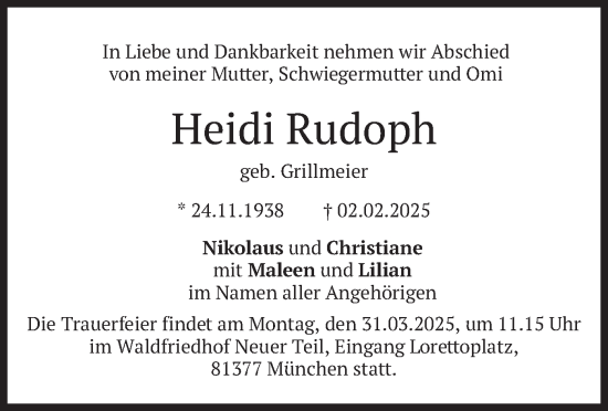 Traueranzeige von Heidi Rudoph von merkurtz