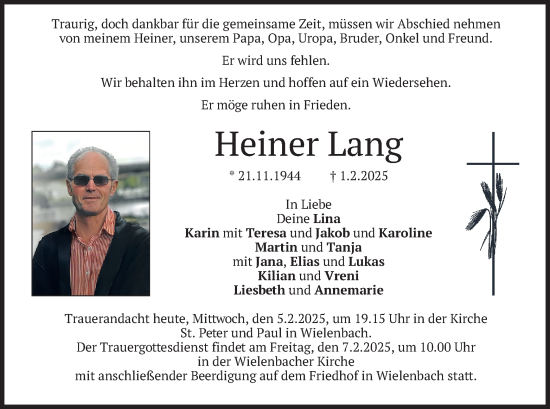 Traueranzeige von Heiner Lang von merkurtz