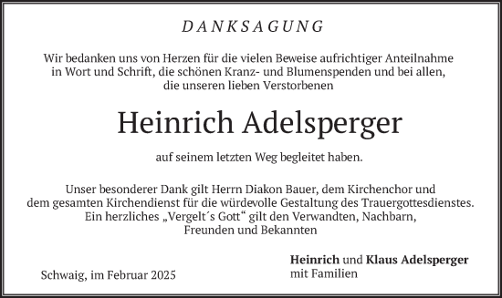 Traueranzeige von Heinrich Adelsperger von merkurtz