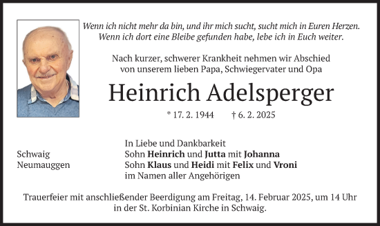 Traueranzeige von Heinrich Adelsperger von merkurtz