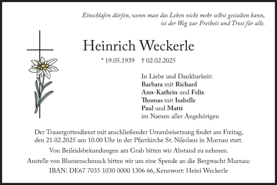 Traueranzeige von Heinrich Weckerle von merkurtz