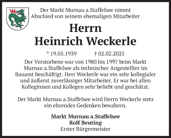 Traueranzeige von Heinrich Weckerle von merkurtz