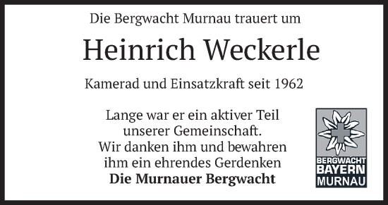 Traueranzeige von Heinrich Weckerle von merkurtz