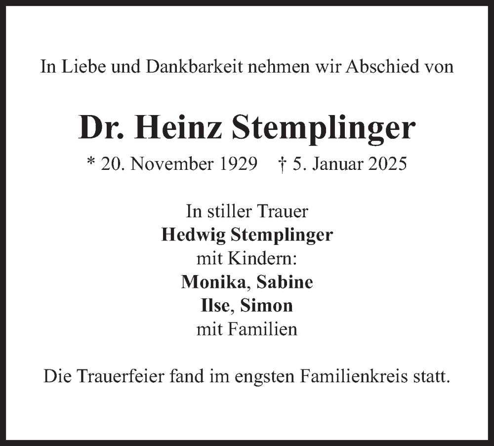  Traueranzeige für Heinz Stemplinger vom 01.02.2025 aus merkurtz
