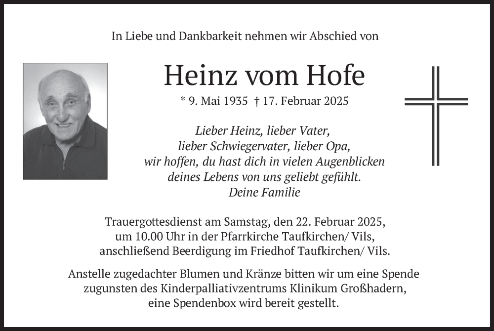  Traueranzeige für Heinz vom Hofe vom 20.02.2025 aus merkurtz