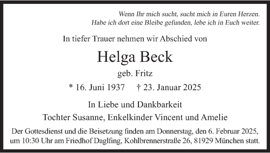 Traueranzeige von Helga Beck von merkurtz