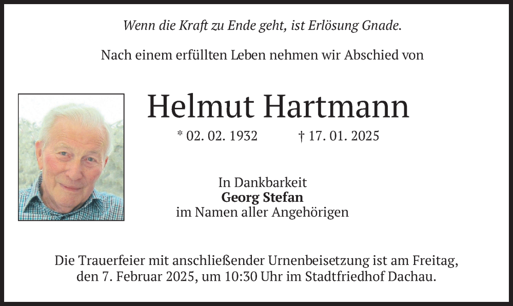  Traueranzeige für Helmut Hartmann vom 01.02.2025 aus merkurtz