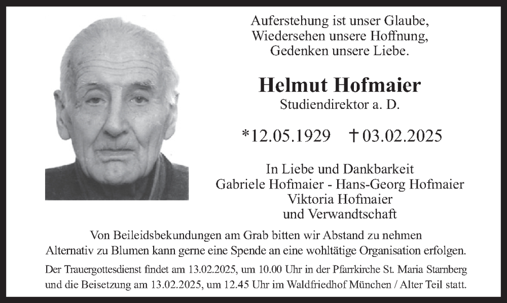  Traueranzeige für Helmut Hofmaier vom 11.02.2025 aus merkurtz