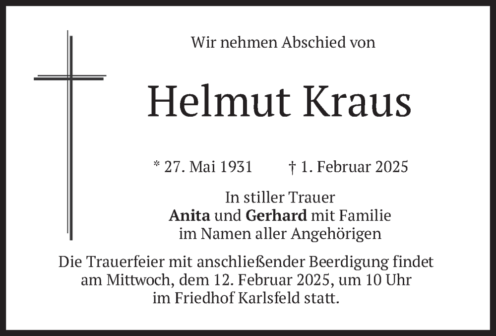  Traueranzeige für Helmut Kraus vom 08.02.2025 aus merkurtz