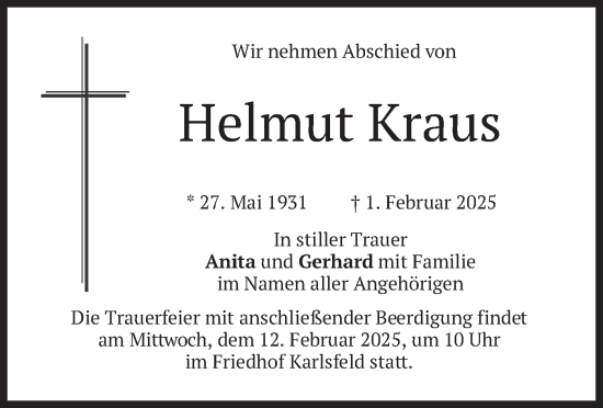 Traueranzeige von Helmut Kraus von merkurtz