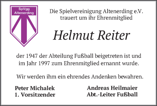 Traueranzeige von Helmut Reiter von merkurtz