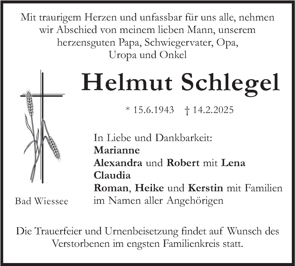  Traueranzeige für Helmut Schlegel vom 22.02.2025 aus merkurtz