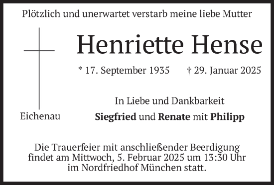 Traueranzeige von Henriette Hense von merkurtz