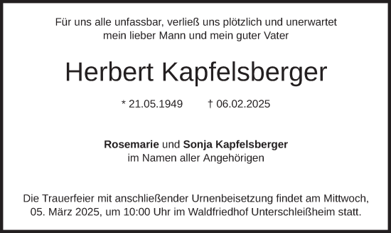 Traueranzeige von Herbert Kapfelsberger von merkurtz
