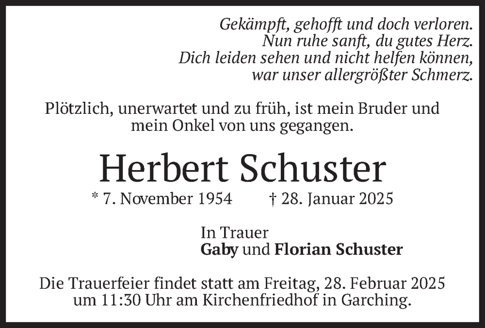  Traueranzeige für Herbert Schuster vom 22.02.2025 aus merkurtz