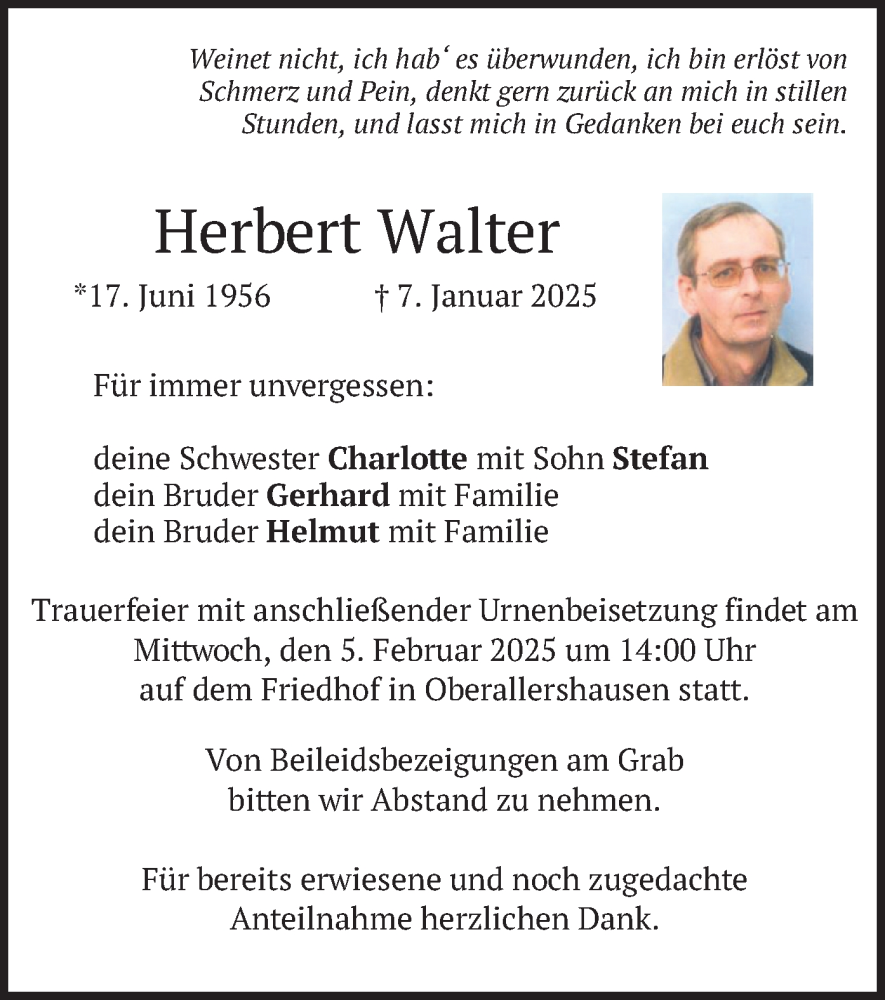  Traueranzeige für Herbert Walter vom 01.02.2025 aus merkurtz