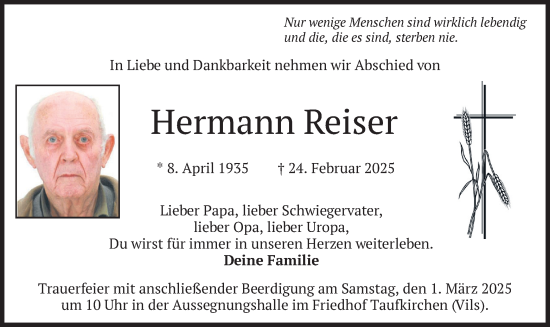 Traueranzeige von Hermann Reiser von merkurtz