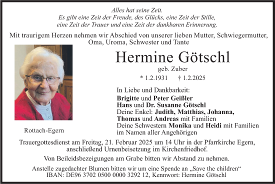 Traueranzeige von Hermine Götschl von merkurtz