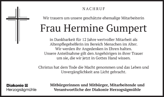 Traueranzeige von Hermine Gumpert von merkurtz