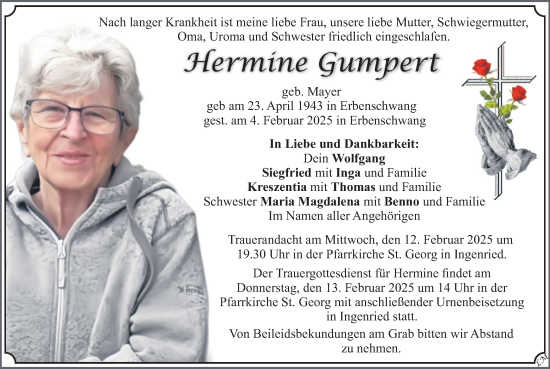 Traueranzeige von Hermine Gumpert von merkurtz