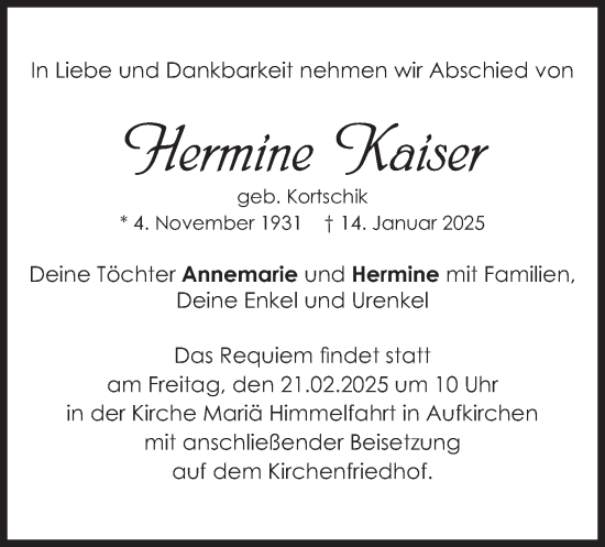 Traueranzeige von Hermine Kaiser von merkurtz