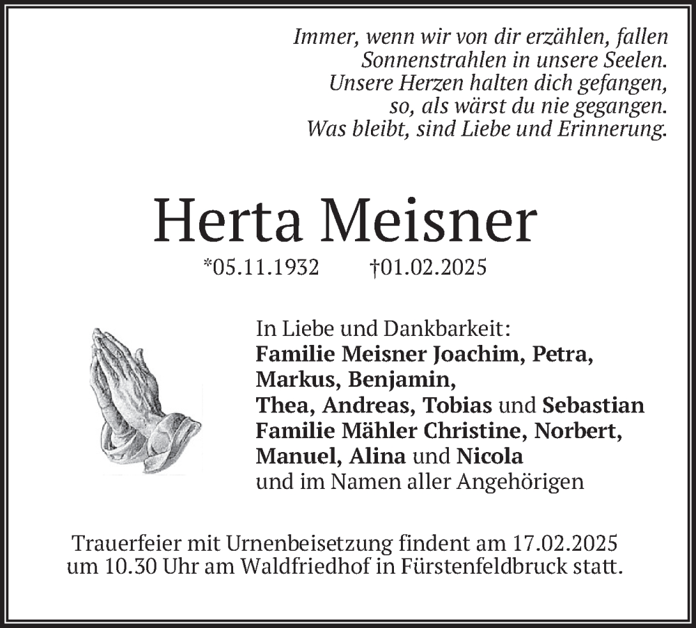  Traueranzeige für Herta Meisner vom 08.02.2025 aus merkurtz