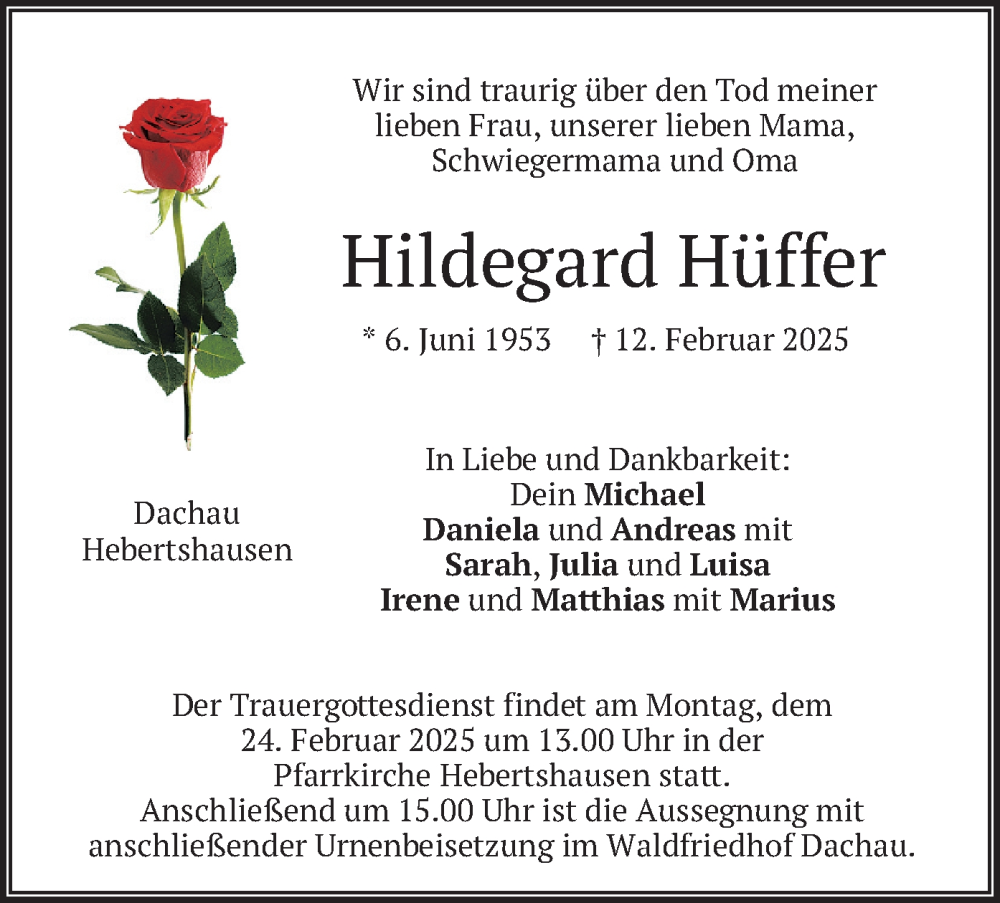  Traueranzeige für Hildegard Hüffer vom 15.02.2025 aus merkurtz