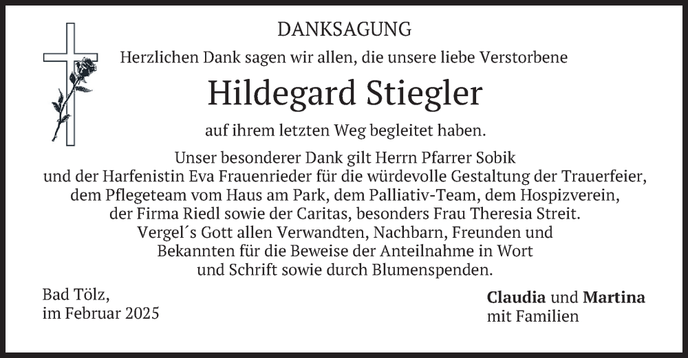  Traueranzeige für Hildegard Stiegler vom 15.02.2025 aus merkurtz