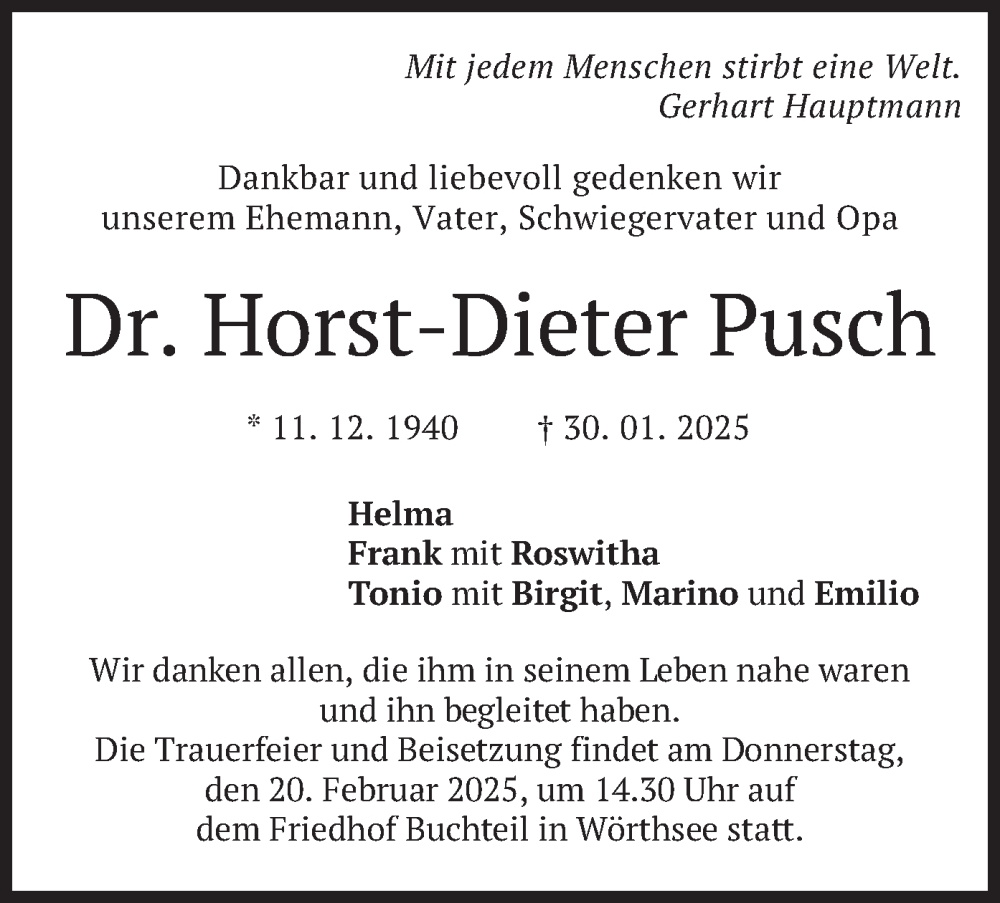  Traueranzeige für Horst-Dieter Pusch vom 15.02.2025 aus merkurtz