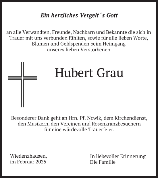 Traueranzeige von Hubert Grau von merkurtz