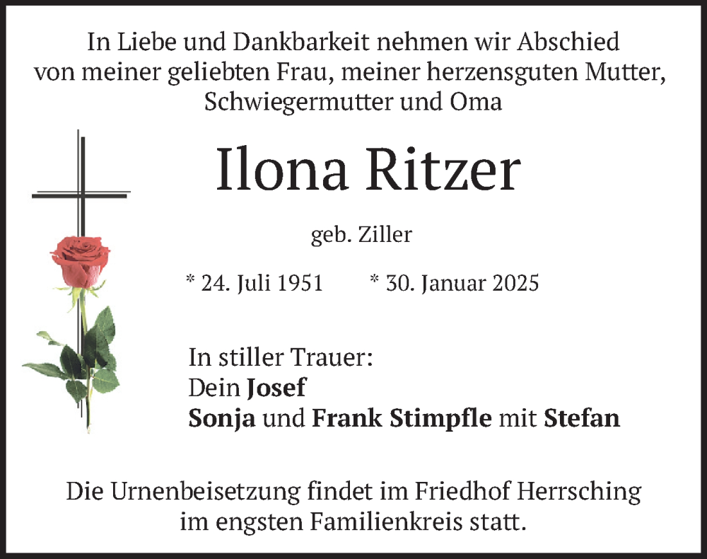  Traueranzeige für Ilona Ritzer vom 01.02.2025 aus merkurtz