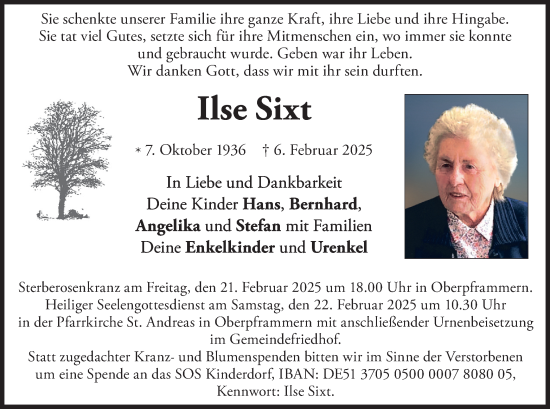 Traueranzeige von Ilse Sixt von merkurtz