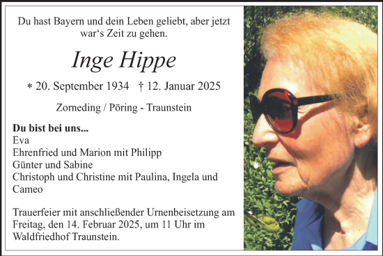 Traueranzeige von Inge Hippe von merkurtz