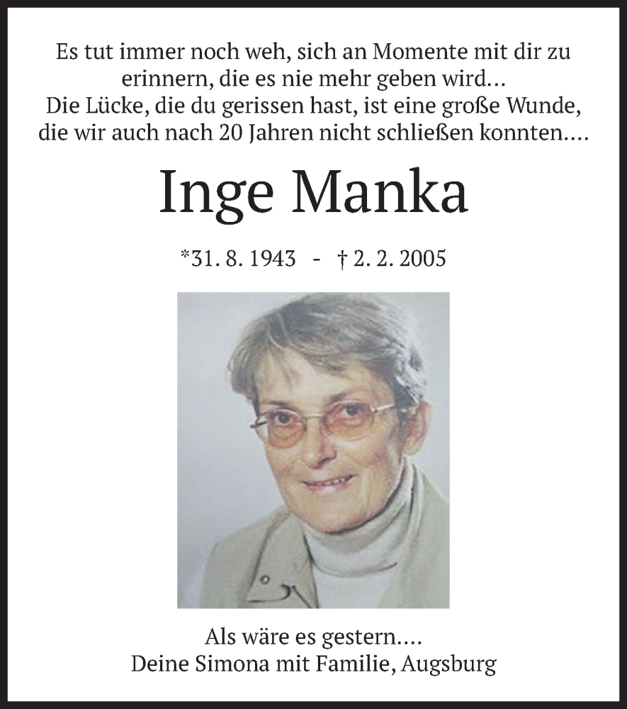 Traueranzeige für Inge Manka vom 01.02.2025 aus merkurtz