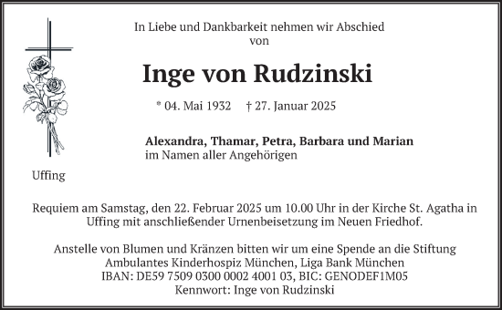 Traueranzeige von Inge von Rudzinski von merkurtz