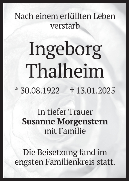 Traueranzeige von Ingeborg Thalheim von merkurtz