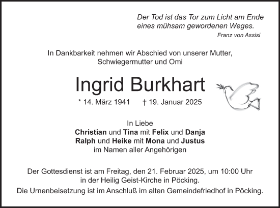 Traueranzeige von Ingrid Burkhart von merkurtz