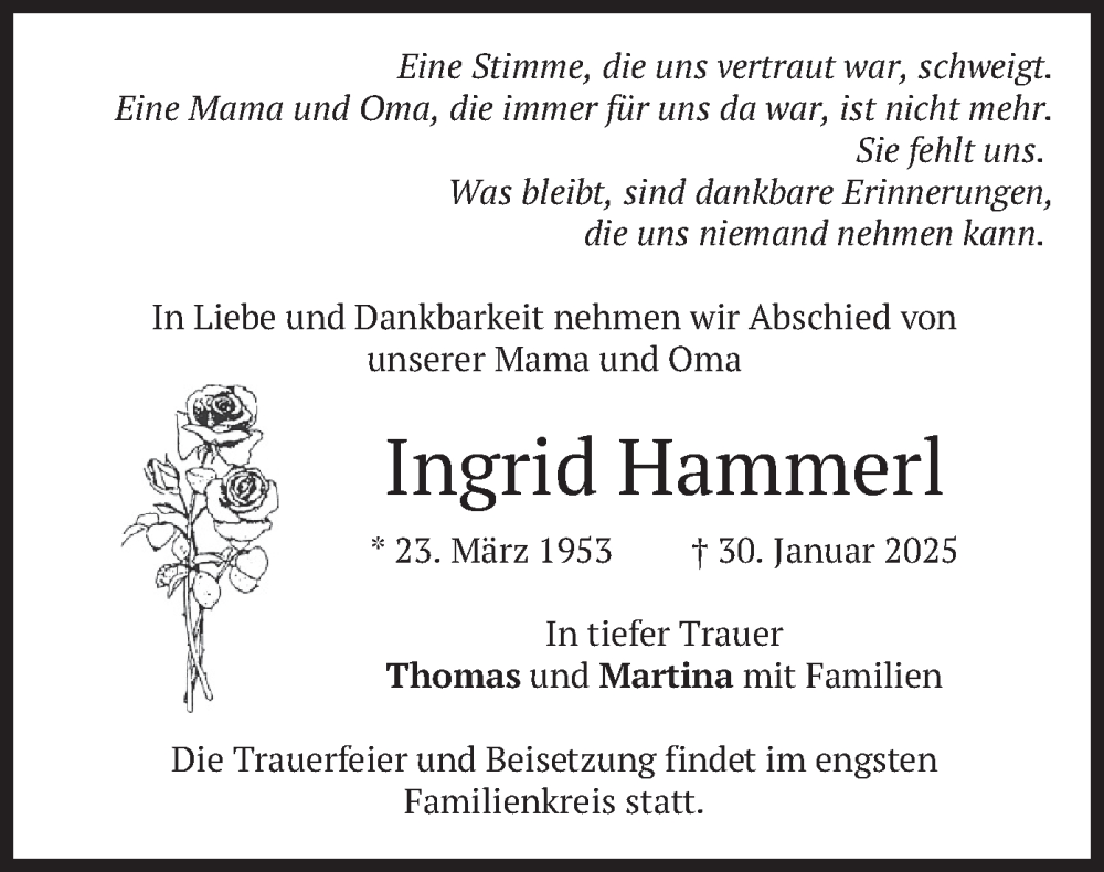 Traueranzeige für Ingrid Hammerl vom 15.02.2025 aus merkurtz