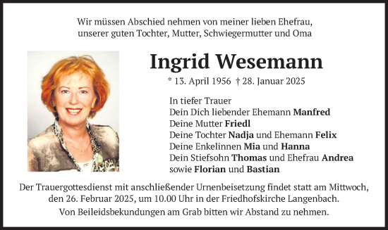 Traueranzeige von Ingrid Wesemann von merkurtz