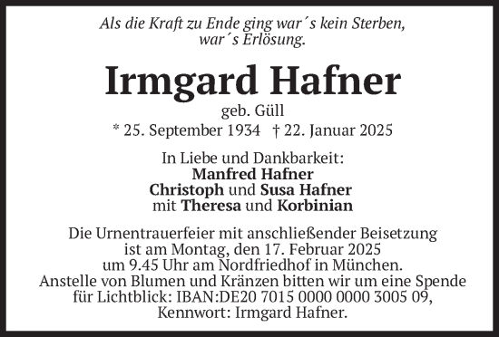 Traueranzeige von Irmgard Hafner von merkurtz