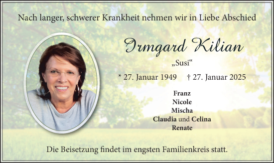 Traueranzeige von Irmgard Kilian von merkurtz