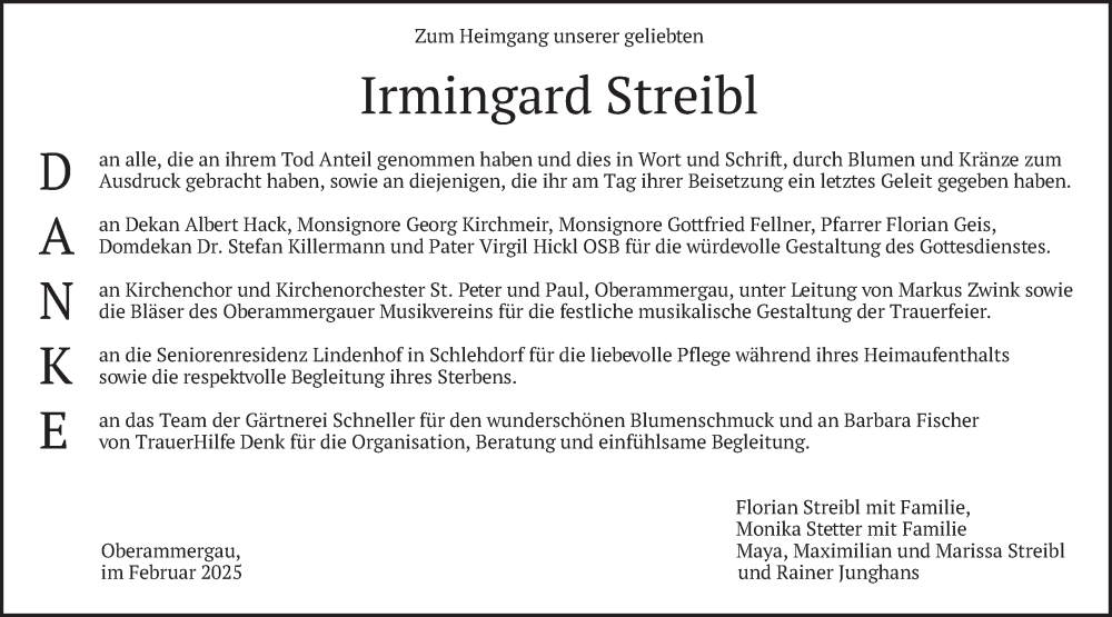  Traueranzeige für Irmingard Streibl vom 08.02.2025 aus merkurtz