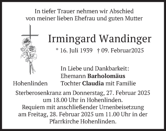 Traueranzeige von Irmingard Wandinger von merkurtz