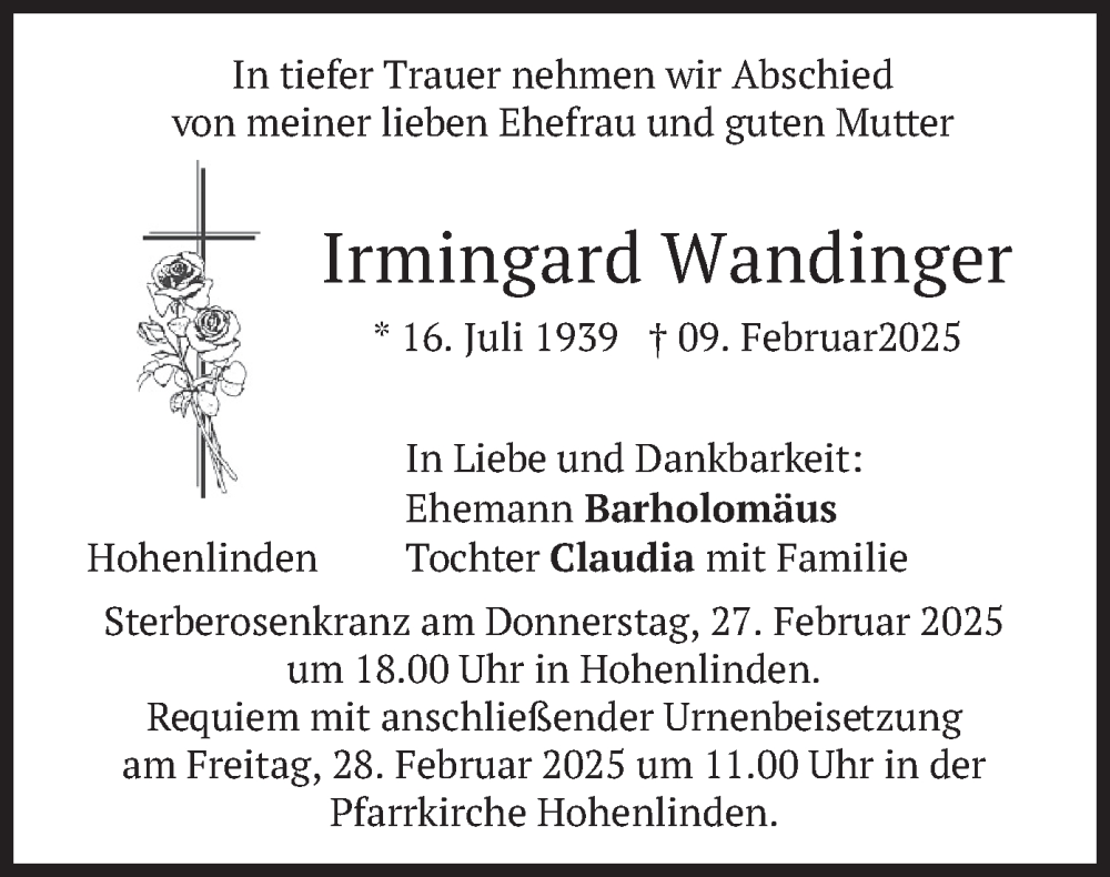  Traueranzeige für Irmingard Wandinger vom 25.02.2025 aus merkurtz
