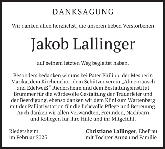 Traueranzeige von Jakob Lallinger von merkurtz