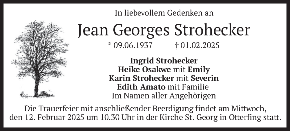  Traueranzeige für Jean Georges Strohecker vom 07.02.2025 aus merkurtz